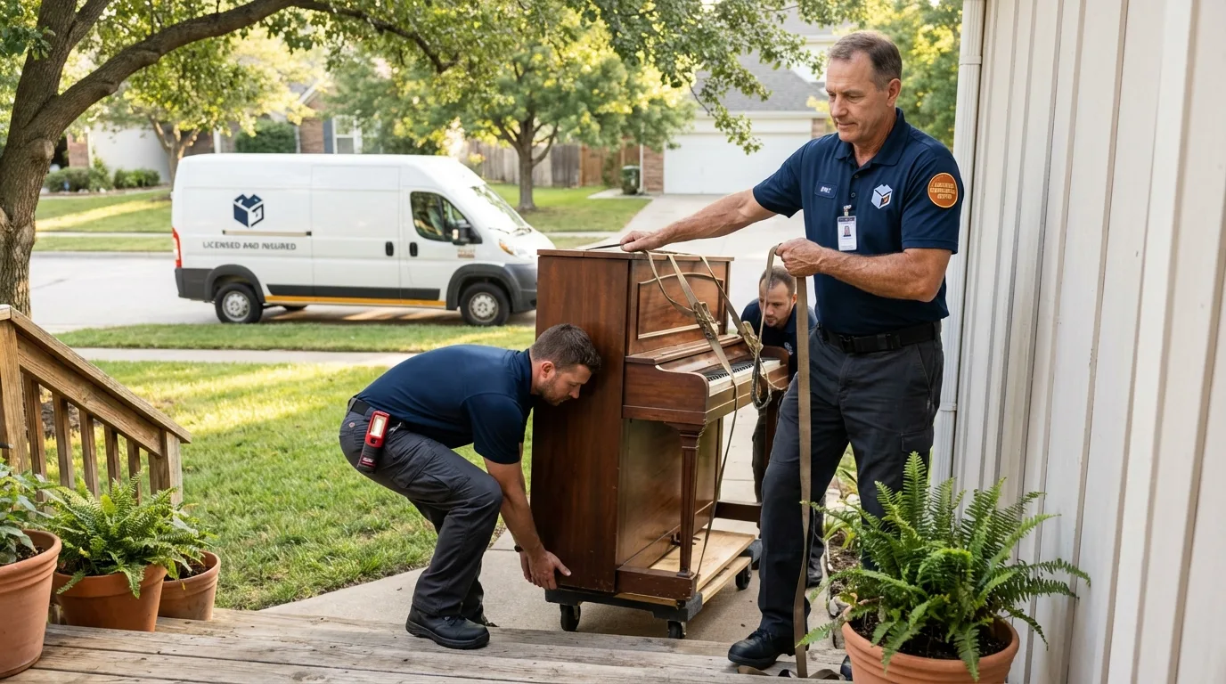 Licensed piano movers securing grand piano in Forestdale, MA