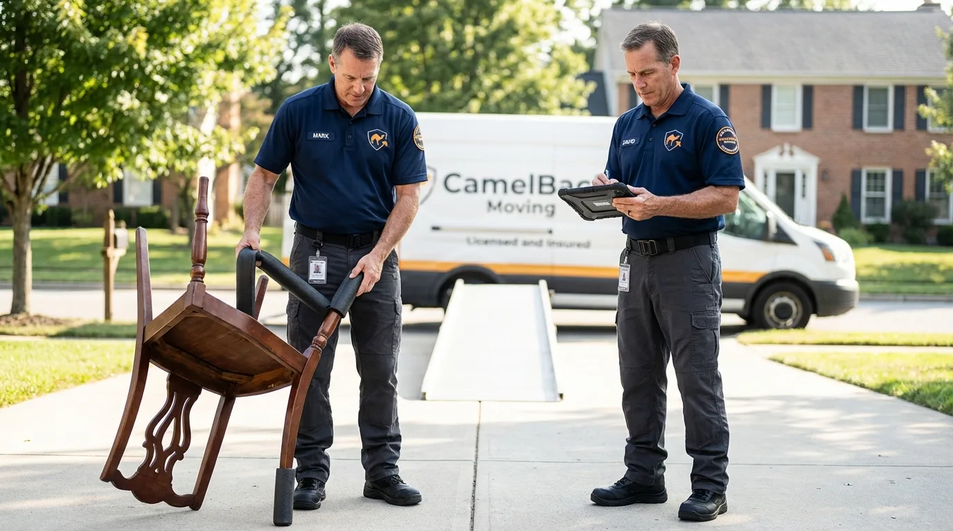 Movers inspecting furniture for damage prevention before loading in Forestdale, MA