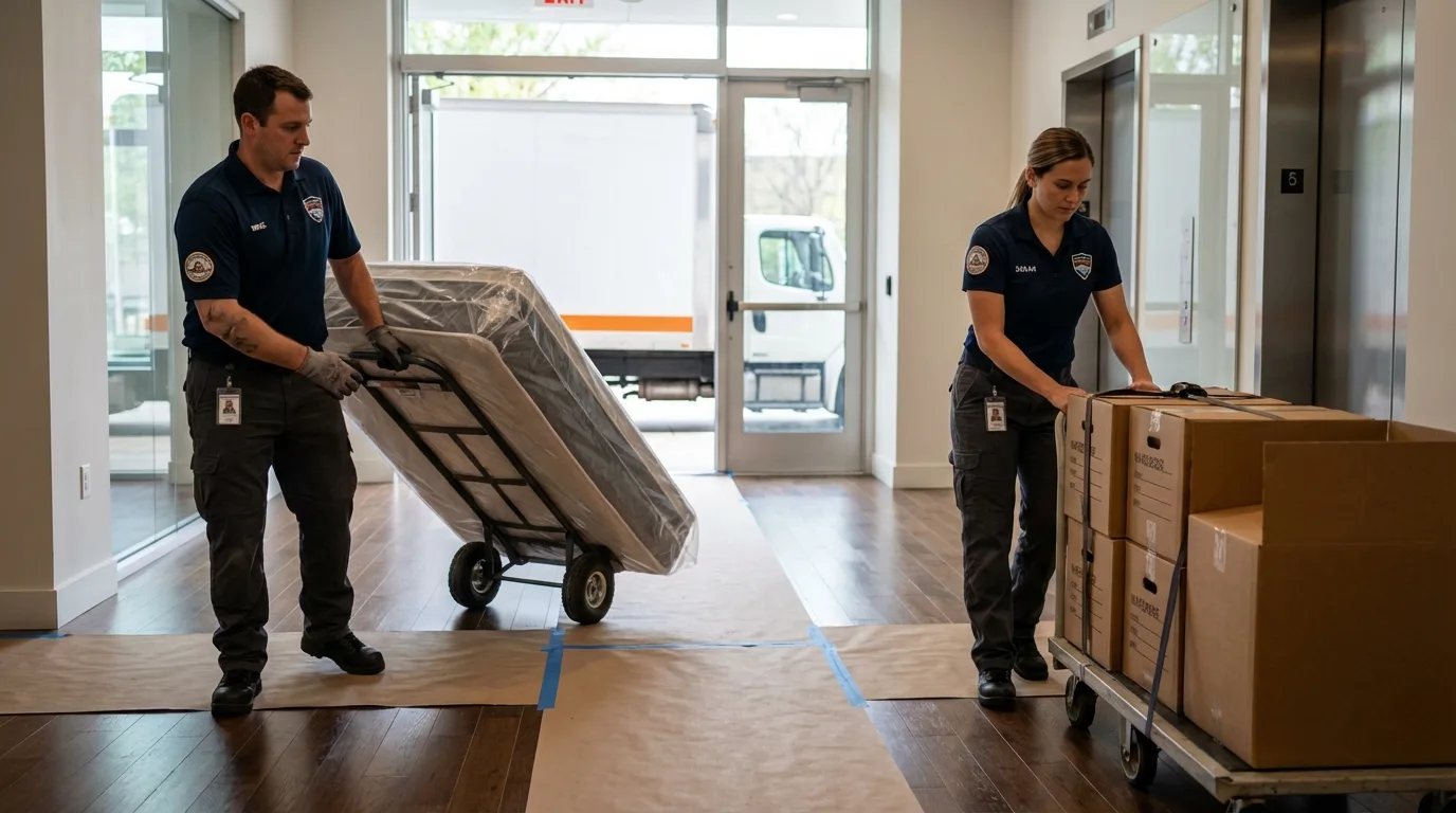 Professional apartment movers loading elevator in Forestdale, MA