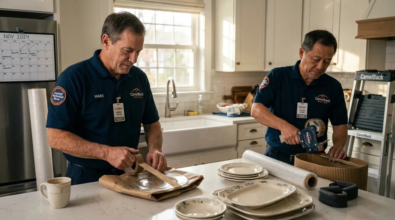 Professional crew packing kitchen dishware in Forestdale, MA